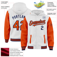 Load image into Gallery viewer, Custom White Orange-Navy Bomber Full-Snap Varsity Letterman Two Tone Hoodie Jacket
