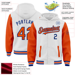 Custom White Orange-Royal Bomber Full-Snap Varsity Letterman Two Tone Hoodie Jacket