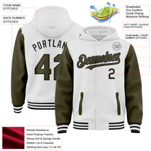 Load image into Gallery viewer, Custom White Olive-Black Bomber Full-Snap Varsity Letterman Two Tone Hoodie Jacket
