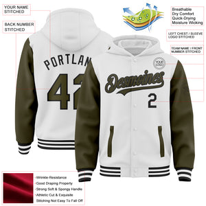 Custom White Olive-Black Bomber Full-Snap Varsity Letterman Two Tone Hoodie Jacket