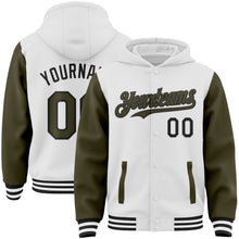 Load image into Gallery viewer, Custom White Olive-Black Bomber Full-Snap Varsity Letterman Two Tone Hoodie Jacket
