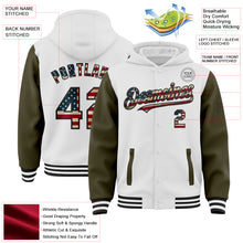 Charger l&#39;image dans la galerie, Custom White Vintage USA Flag Olive-Black Bomber Full-Snap Varsity Letterman Two Tone Hoodie Jacket
