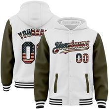 Charger l&#39;image dans la galerie, Custom White Vintage USA Flag Olive-Black Bomber Full-Snap Varsity Letterman Two Tone Hoodie Jacket
