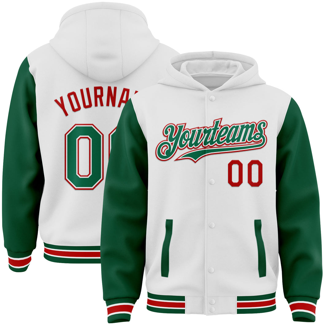 Custom White Kelly Green-Red Bomber Full-Snap Varsity Letterman Two Tone Hoodie Jacket