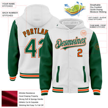 Charger l&#39;image dans la galerie, Custom White Kelly Green-Orange Bomber Full-Snap Varsity Letterman Two Tone Hoodie Jacket
