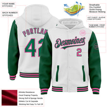 Laden Sie das Bild in den Galerie-Viewer, Custom White Kelly Green-Pink Bomber Full-Snap Varsity Letterman Two Tone Hoodie Jacket
