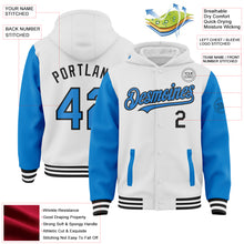 Charger l&#39;image dans la galerie, Custom White Powder Blue-Black Bomber Full-Snap Varsity Letterman Two Tone Hoodie Jacket
