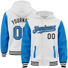 Charger l&#39;image dans la galerie, Custom White Powder Blue-Black Bomber Full-Snap Varsity Letterman Two Tone Hoodie Jacket
