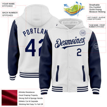 Загрузить изображение в средство просмотра галереи, Custom White Navy Bomber Full-Snap Varsity Letterman Two Tone Hoodie Jacket
