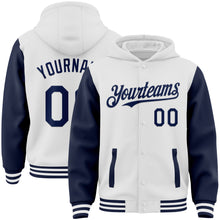 Загрузить изображение в средство просмотра галереи, Custom White Navy Bomber Full-Snap Varsity Letterman Two Tone Hoodie Jacket
