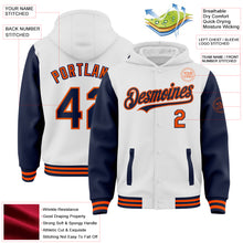 Загрузить изображение в средство просмотра галереи, Custom White Navy-Orange Bomber Full-Snap Varsity Letterman Two Tone Hoodie Jacket
