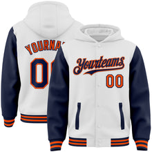 Загрузить изображение в средство просмотра галереи, Custom White Navy-Orange Bomber Full-Snap Varsity Letterman Two Tone Hoodie Jacket
