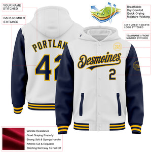 Custom White Navy-Gold Bomber Full-Snap Varsity Letterman Two Tone Hoodie Jacket