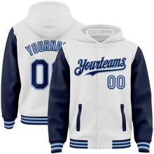 Загрузить изображение в средство просмотра галереи, Custom White Navy-Light Blue Bomber Full-Snap Varsity Letterman Two Tone Hoodie Jacket
