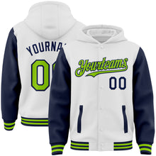 Laden Sie das Bild in den Galerie-Viewer, Custom White Neon Green-Navy Bomber Full-Snap Varsity Letterman Two Tone Hoodie Jacket
