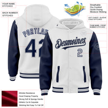 Charger l&#39;image dans la galerie, Custom White Navy-Gray Bomber Full-Snap Varsity Letterman Two Tone Hoodie Jacket
