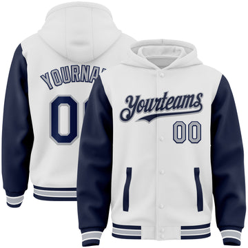 Custom White Navy-Gray Bomber Full-Snap Varsity Letterman Two Tone Hoodie Jacket