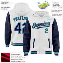 Charger l&#39;image dans la galerie, Custom White Navy Gray-Teal Bomber Full-Snap Varsity Letterman Two Tone Hoodie Jacket
