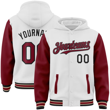 Custom White Crimson Black-City Cream Bomber Full-Snap Varsity Letterman Two Tone Hoodie Jacket