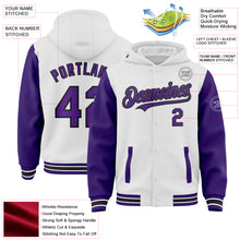 Charger l&#39;image dans la galerie, Custom White Purple-Black Bomber Full-Snap Varsity Letterman Two Tone Hoodie Jacket
