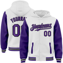 Charger l&#39;image dans la galerie, Custom White Purple-Black Bomber Full-Snap Varsity Letterman Two Tone Hoodie Jacket
