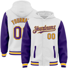 Laden Sie das Bild in den Galerie-Viewer, Custom White Purple-Gold Bomber Full-Snap Varsity Letterman Two Tone Hoodie Jacket
