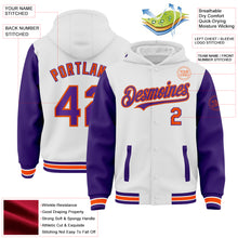 Загрузить изображение в средство просмотра галереи, Custom White Purple-Orange Bomber Full-Snap Varsity Letterman Two Tone Hoodie Jacket
