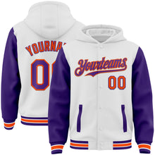 Загрузить изображение в средство просмотра галереи, Custom White Purple-Orange Bomber Full-Snap Varsity Letterman Two Tone Hoodie Jacket
