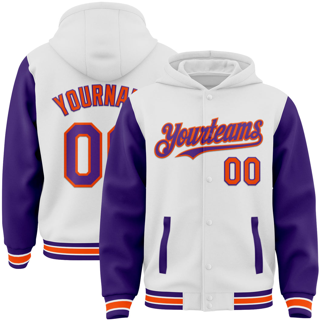 Custom White Purple-Orange Bomber Full-Snap Varsity Letterman Two Tone Hoodie Jacket