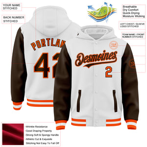 Custom White Brown-Orange Bomber Full-Snap Varsity Letterman Two Tone Hoodie Jacket