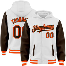 Charger l&#39;image dans la galerie, Custom White Brown-Orange Bomber Full-Snap Varsity Letterman Two Tone Hoodie Jacket
