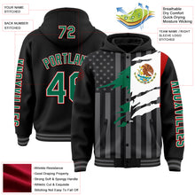 Загрузить изображение в средство просмотра галереи, Custom Black Kelly Green Red-Gray Mexico Mexican Flag 3D Bomber Full-Snap Varsity Letterman Hoodie Jacket
