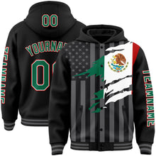 Загрузить изображение в средство просмотра галереи, Custom Black Kelly Green Red-Gray Mexico Mexican Flag 3D Bomber Full-Snap Varsity Letterman Hoodie Jacket
