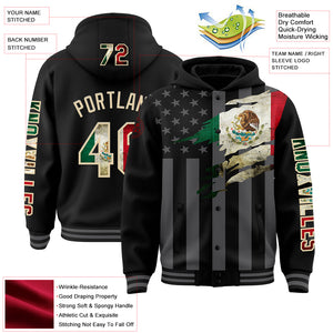 Custom Black Vintage Mexican Flag Cream-Gray Mexico 3D Bomber Full-Snap Varsity Letterman Hoodie Jacket