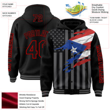 Charger l&#39;image dans la galerie, Custom Black Red-Gray Puerto Rico Puerto Rican Flag 3D Bomber Full-Snap Varsity Letterman Hoodie Jacket
