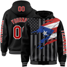 Charger l&#39;image dans la galerie, Custom Black Red-Gray Puerto Rico Puerto Rican Flag 3D Bomber Full-Snap Varsity Letterman Hoodie Jacket
