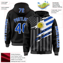 Laden Sie das Bild in den Galerie-Viewer, Custom Black Thunder Blue-Gray Uruguay Uruguayan Flag 3D Bomber Full-Snap Varsity Letterman Hoodie Jacket
