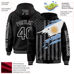 Custom Black Gray-White Argentina Argentinian Flag 3D Bomber Full-Snap Varsity Letterman Hoodie Jacket