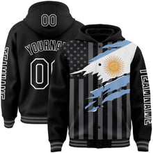 Charger l&#39;image dans la galerie, Custom Black Gray-White Argentina Argentinian Flag 3D Bomber Full-Snap Varsity Letterman Hoodie Jacket
