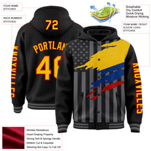 Laden Sie das Bild in den Galerie-Viewer, Custom Black Yellow Red-Gray Colombia Colombian Flag 3D Bomber Full-Snap Varsity Letterman Hoodie Jacket
