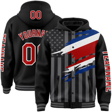 Загрузить изображение в средство просмотра галереи, Custom Black Red-Gray Costa Rica Costa Rican Flag 3D Bomber Full-Snap Varsity Letterman Hoodie Jacket
