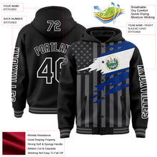 Charger l&#39;image dans la galerie, Custom Black Gray-White El Salvador El Salvadoran Flag 3D Bomber Full-Snap Varsity Letterman Hoodie Jacket
