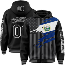 Charger l&#39;image dans la galerie, Custom Black Gray-White El Salvador El Salvadoran Flag 3D Bomber Full-Snap Varsity Letterman Hoodie Jacket
