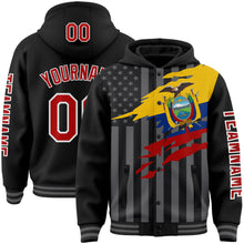 Charger l&#39;image dans la galerie, Custom Black Red-Gray Ecuador Ecuadorian Flag 3D Bomber Full-Snap Varsity Letterman Hoodie Jacket
