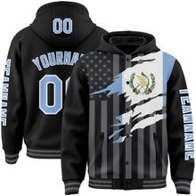 Загрузить изображение в средство просмотра галереи, Custom Black Light Blue-Gray Guatemala Guatemalan Flag 3D Bomber Full-Snap Varsity Letterman Hoodie Jacket
