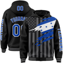 Charger l&#39;image dans la galerie, Custom Black Thunder Blue-Gray Honduras Honduran Flag 3D Bomber Full-Snap Varsity Letterman Hoodie Jacket
