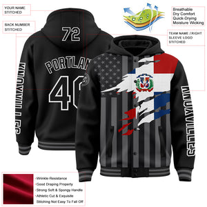 Custom Black Gray-White Dominicana Dominicanan Flag 3D Bomber Full-Snap Varsity Letterman Hoodie Jacket