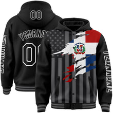 Загрузить изображение в средство просмотра галереи, Custom Black Gray-White Dominicana Dominicanan Flag 3D Bomber Full-Snap Varsity Letterman Hoodie Jacket
