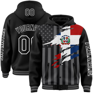 Custom Black Gray-White Dominicana Dominicanan Flag 3D Bomber Full-Snap Varsity Letterman Hoodie Jacket