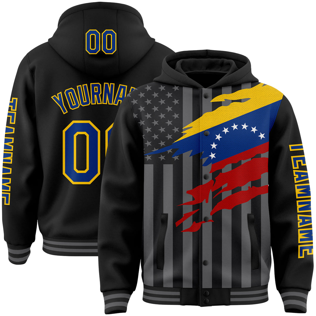 Custom Black Royal Yellow-Gray Venezuela Venezuelan Flag 3D Bomber Full-Snap Varsity Letterman Hoodie Jacket